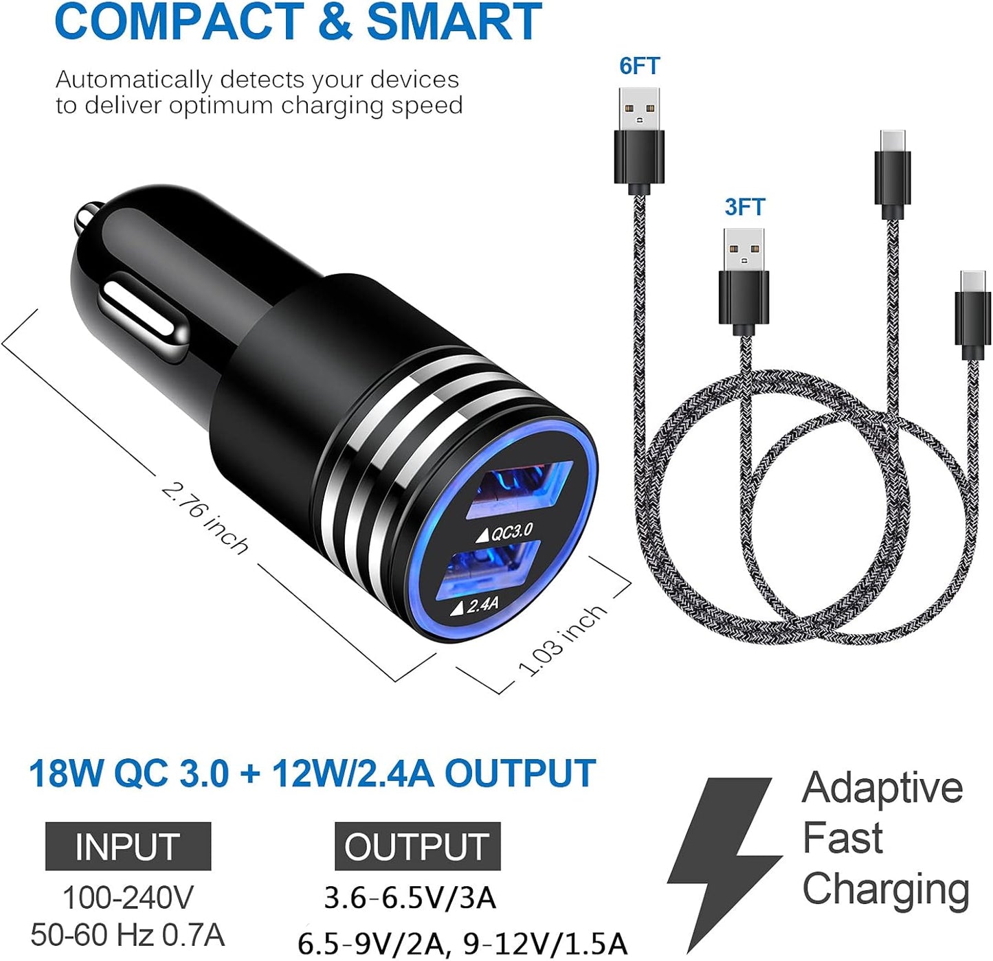 Type C Charger Fast Charger for Samsung Galaxy S26 S25 S24 S23 S22 S21 Z Flip7 Z Fold7 A17 A56 A36 A26 A16 A55 A35 A25 A15 A54 A14 A53 A13,Quick Charge 3.0 Car Charger Wall Adapter+3Ft 6FT USB C Cable