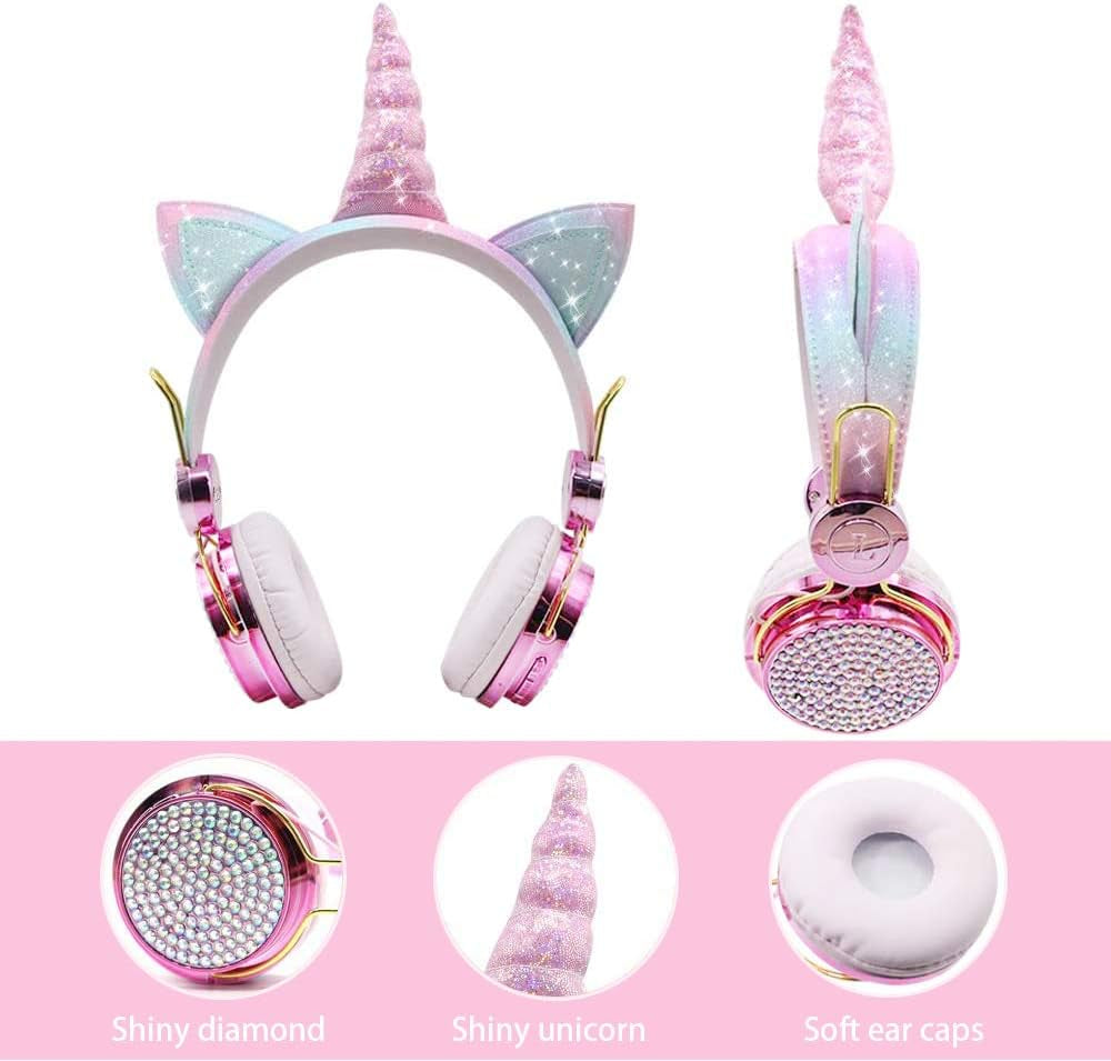 Kids Headphones, Wireless Headphones for Kids Unicorn Headphones for Girls Bluetooth Headphones W/Mic with Adjustable Headband, over on Ear Headset for Smartphones/School/Kindle/Tablet/Pc Online Study