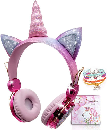Kids Headphones, Wireless Headphones for Kids Unicorn Headphones for Girls Bluetooth Headphones W/Mic with Adjustable Headband, over on Ear Headset for Smartphones/School/Kindle/Tablet/Pc Online Study