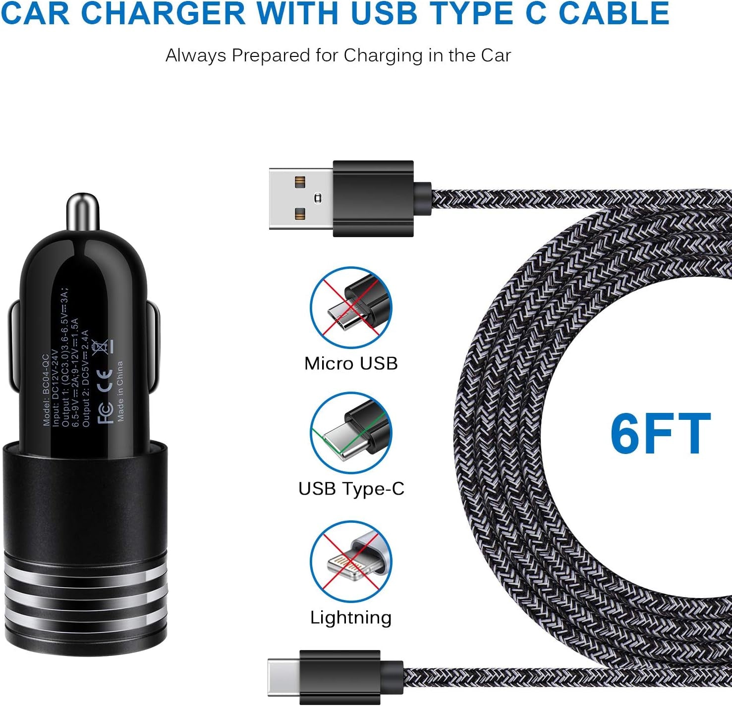 Type C Charger Fast Charger for Samsung Galaxy S26 S25 S24 S23 S22 S21 Z Flip7 Z Fold7 A17 A56 A36 A26 A16 A55 A35 A25 A15 A54 A14 A53 A13,Quick Charge 3.0 Car Charger Wall Adapter+3Ft 6FT USB C Cable